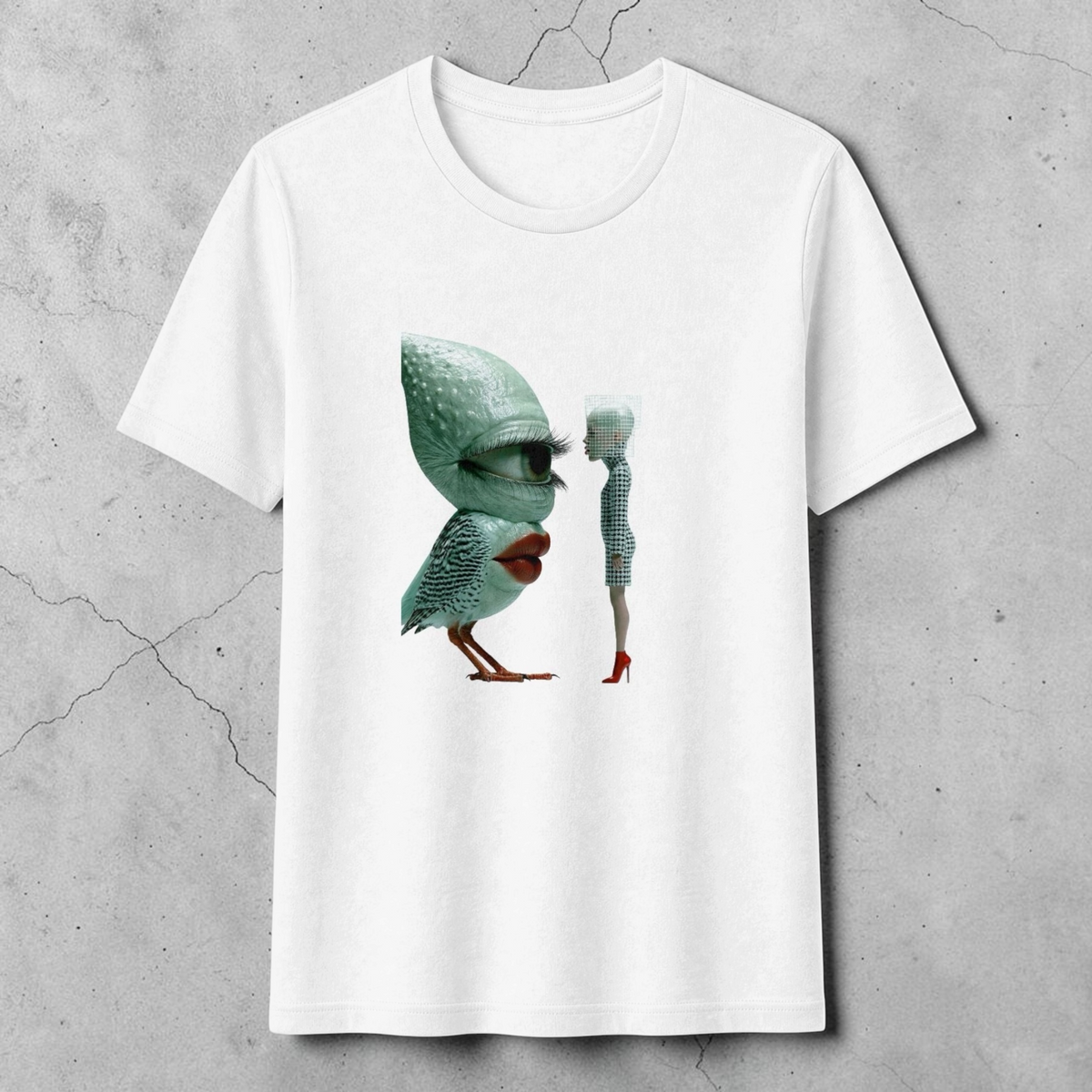 PURETE white fitted tee featuring a surreal bird and figure illustration on a textured grey concrete background.