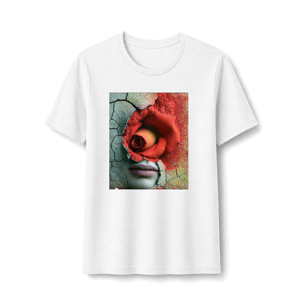 PURETE white fitted graphic t-shirt featuring a surreal portrait of a face with a red rose and cracked texture print.