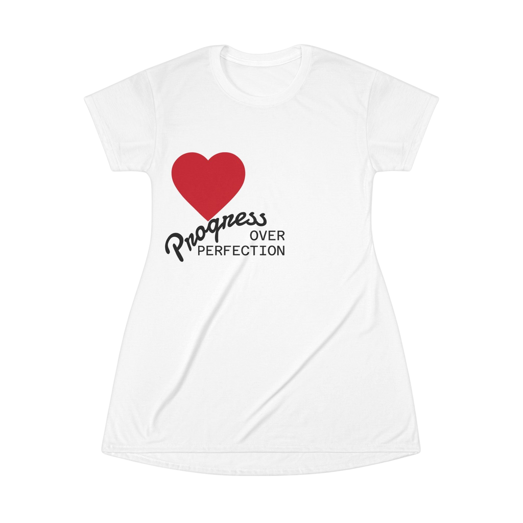 PURETE white polyester t-shirt dress featuring a red heart graphic and the text Progress Over Perfection