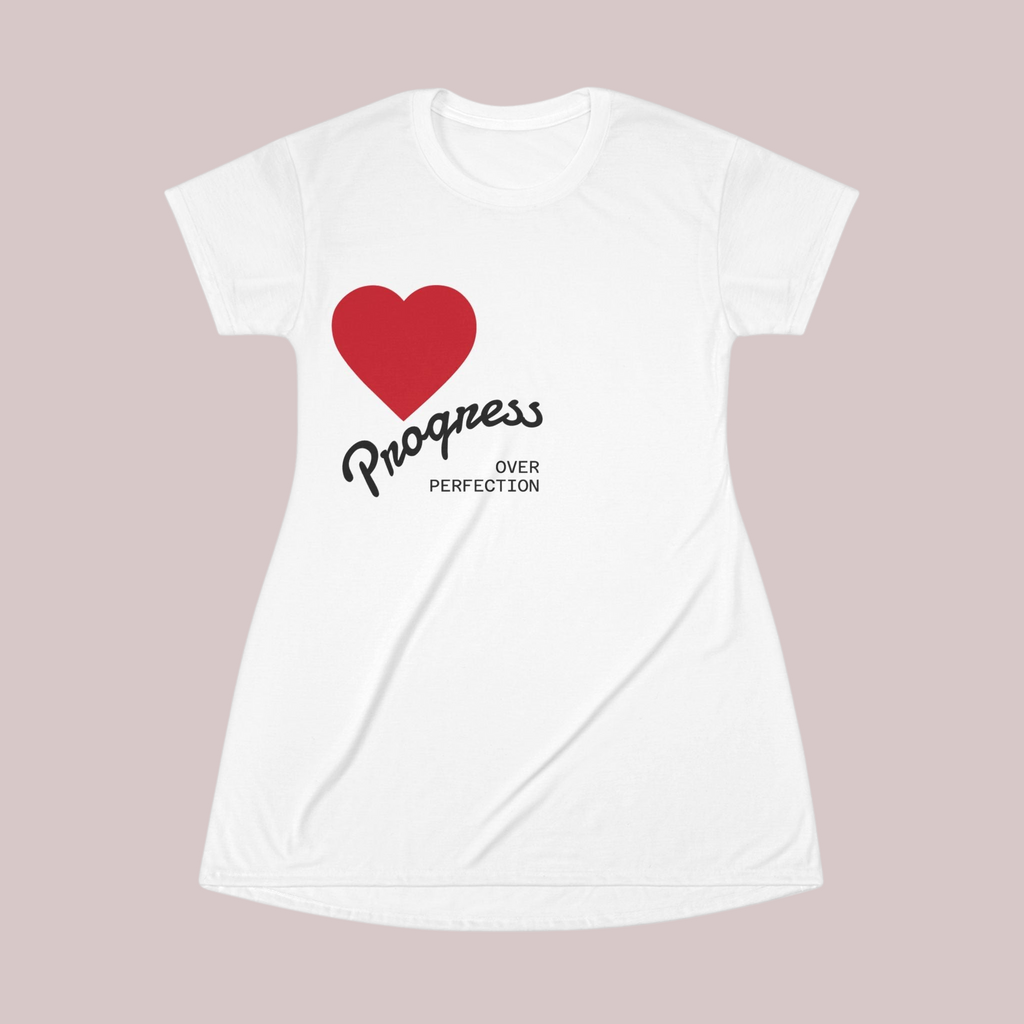 PURETE white polyester t-shirt dress featuring a red heart graphic and the text Progress Over Perfection