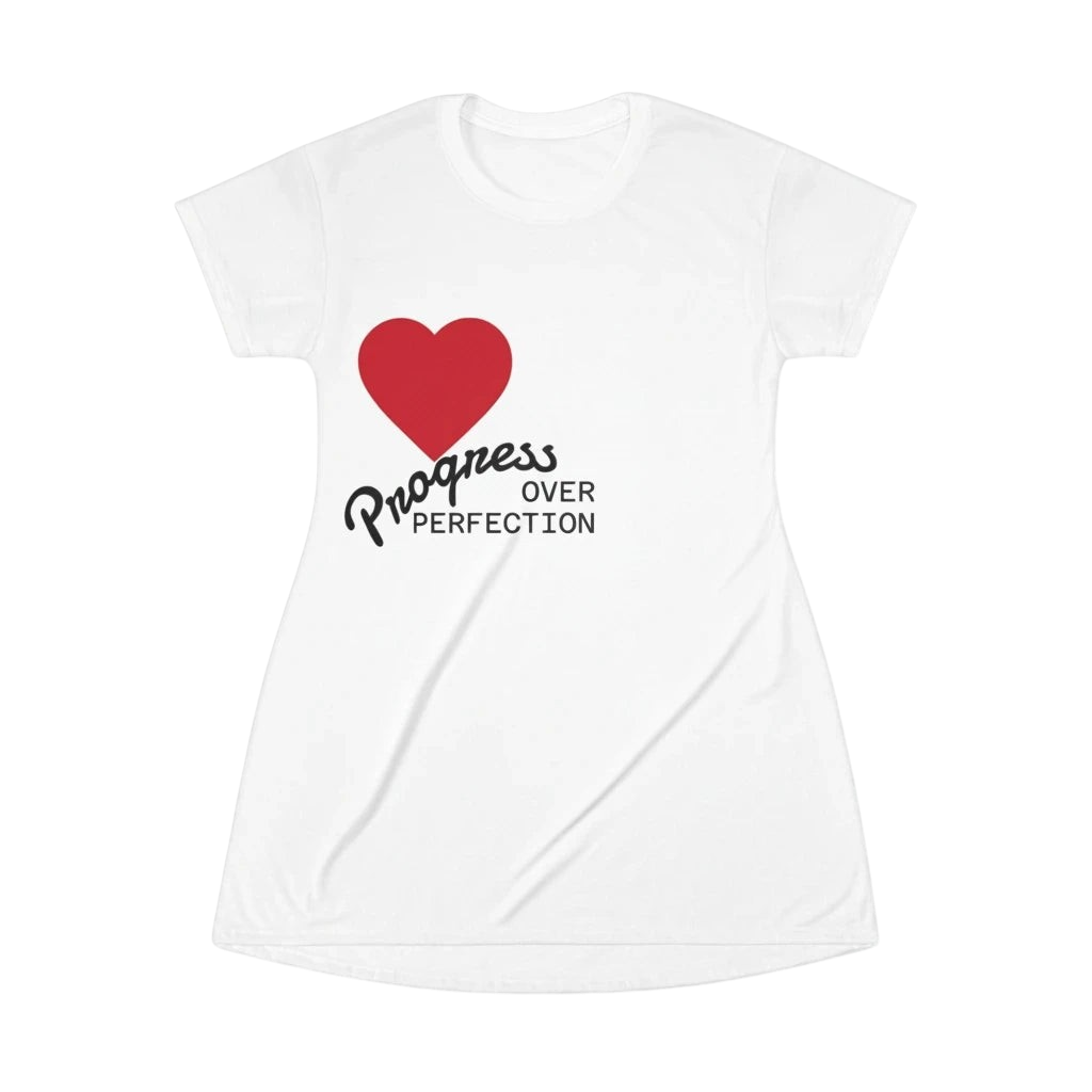 PURETE white polyester t-shirt dress featuring a red heart and the text Progress Over Perfection