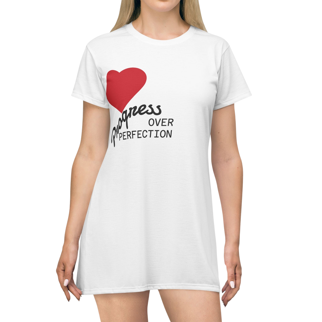 PURETE white polyester t-shirt dress featuring a red heart and the text Progress Over Perfection on the chest