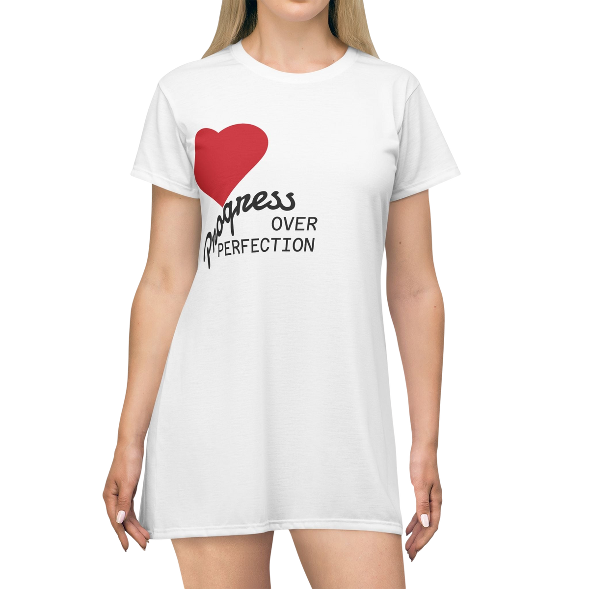 PURETE white polyester t-shirt dress featuring a red heart and the text Progress Over Perfection on the chest