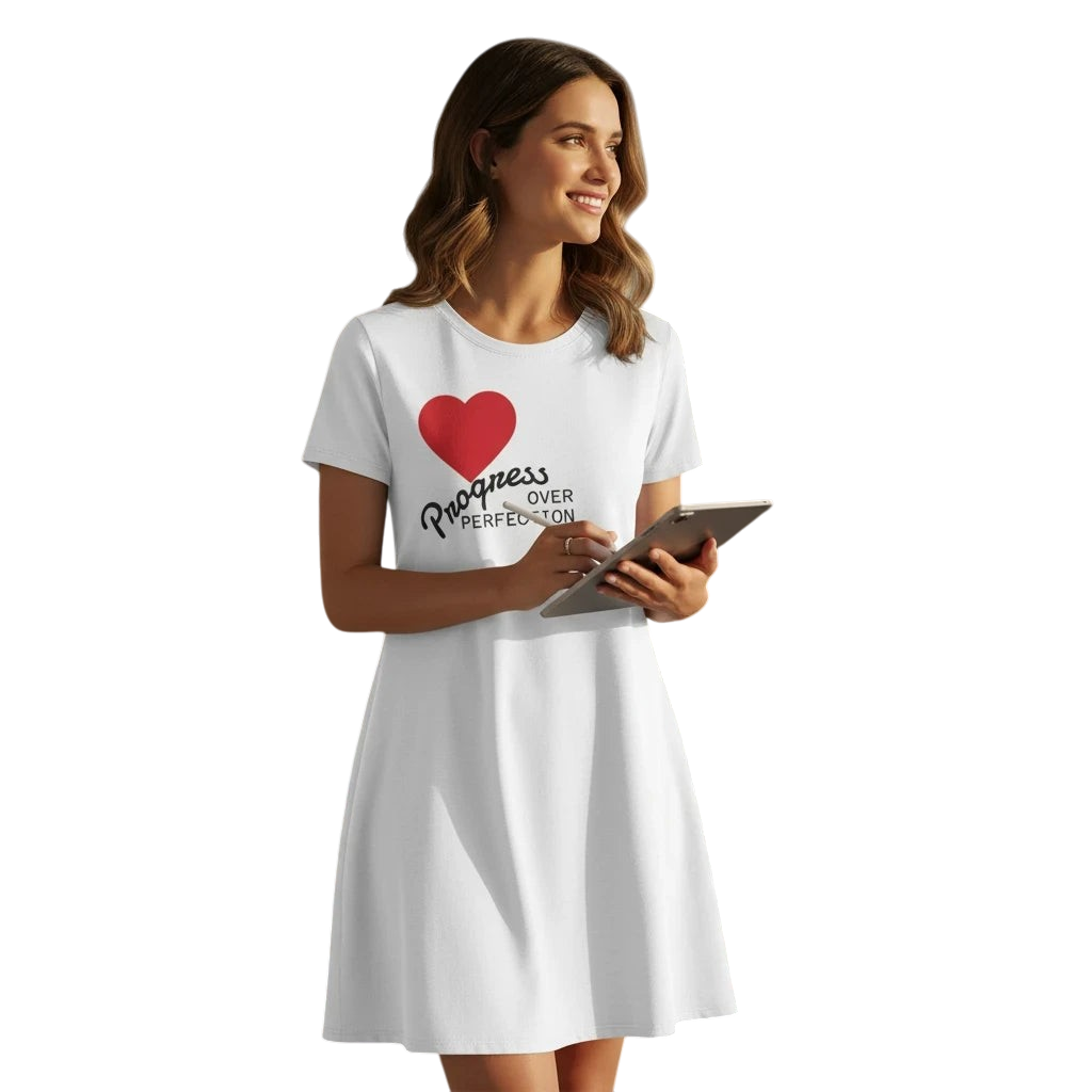 PURETE white polyester t-shirt dress featuring a red heart and Progress Over Perfection text, worn by a smiling woman.