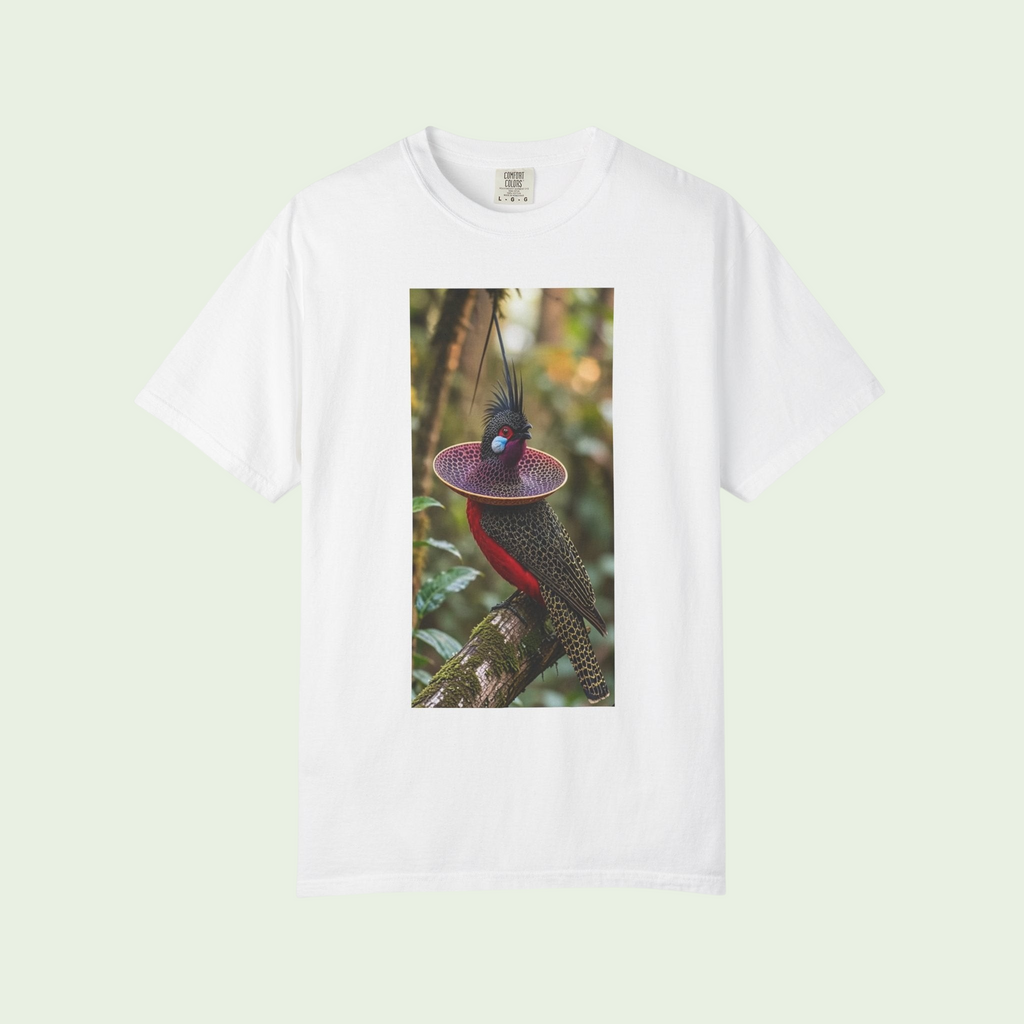 PURETE white heavyweight cotton t-shirt featuring a detailed tropical bird graphic print on the front chest.