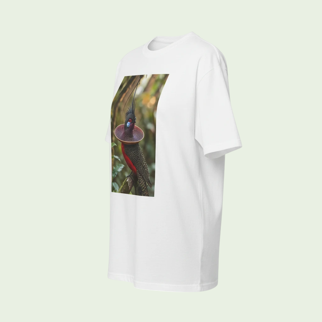 PURETE white heavyweight cotton t-shirt featuring a vibrant tropical bird graphic on the chest in a relaxed fit.