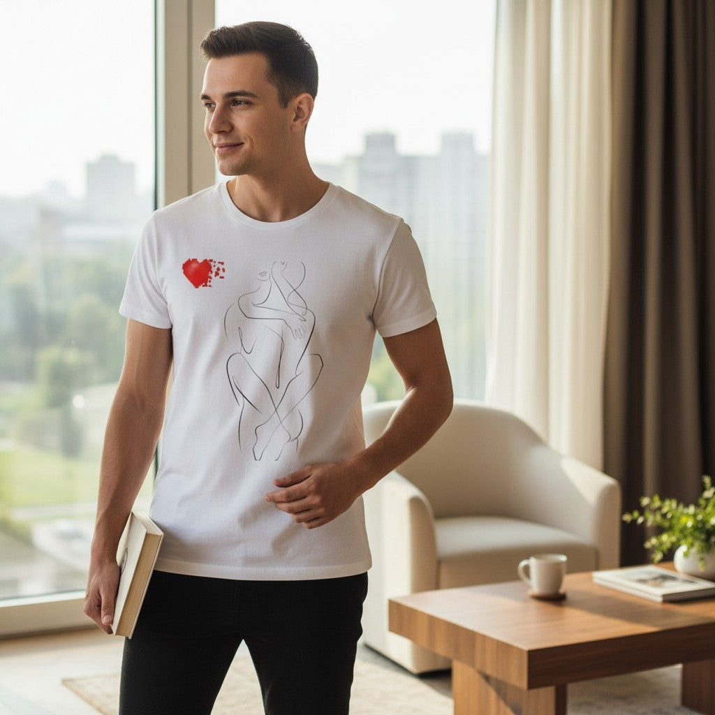 PURETE white unisex CVC jersey t-shirt with a minimalist line art couple design and a red heart on a male model