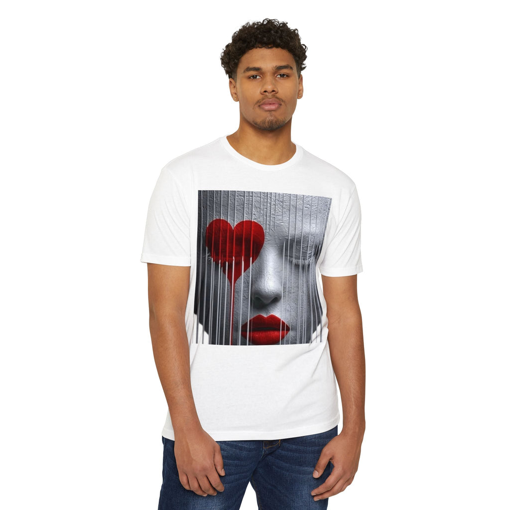 PURETE unisex white CVC jersey t-shirt featuring a surreal graphic print of a face with a red heart and lips