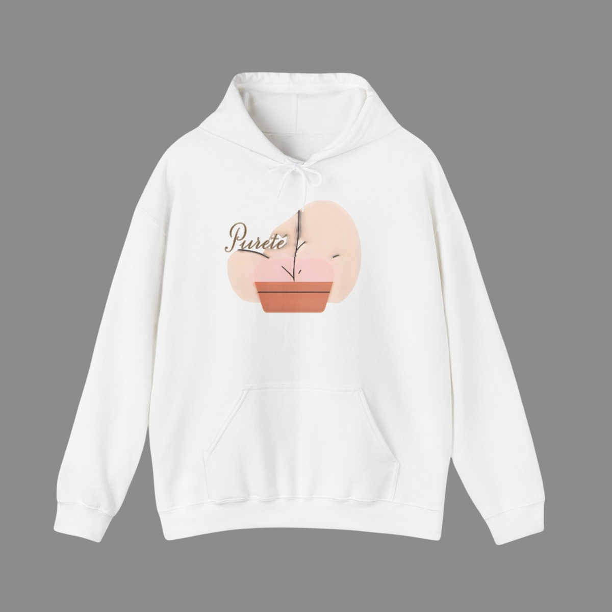 PURETE white unisex cotton-poly blend hooded sweatshirt with a front pouch pocket and a plant graphic print