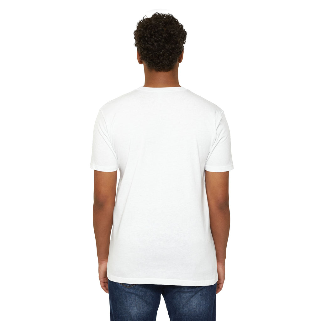 Back view of a person wearing a plain white PURETE unisex CVC jersey t-shirt with a classic fit.
