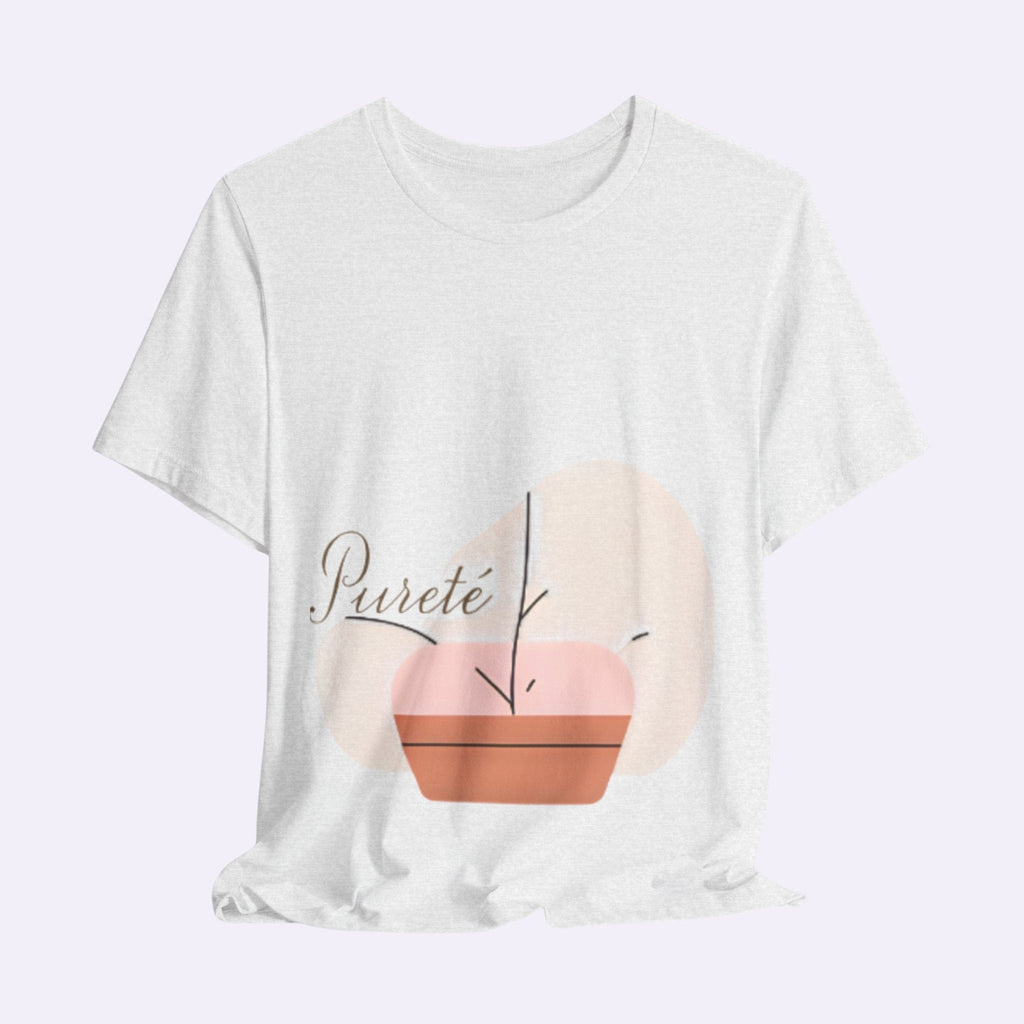 PURETE white unisex jersey short sleeve t-shirt featuring a minimalist potted plant graphic and brand logo
