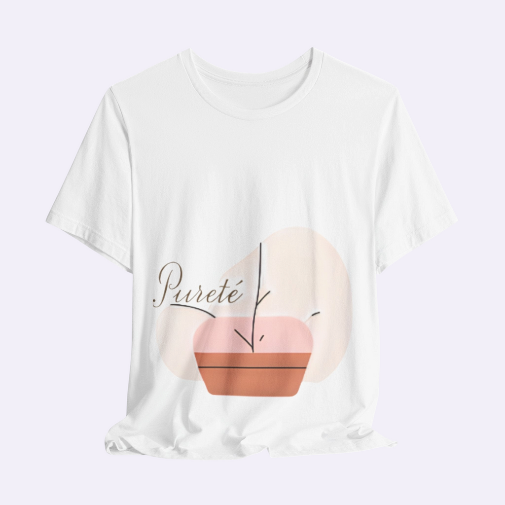 PURETE white unisex jersey short sleeve t-shirt featuring a minimalist potted plant graphic and abstract shapes.