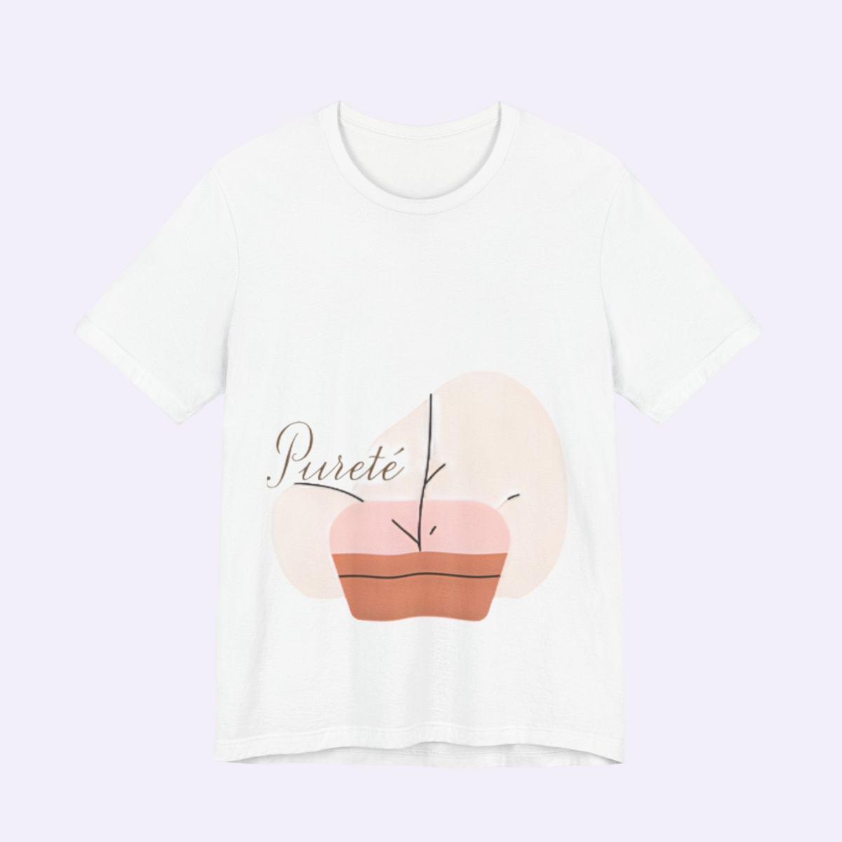 PURETE white unisex jersey short sleeve t-shirt with a minimalist abstract plant graphic on the front.