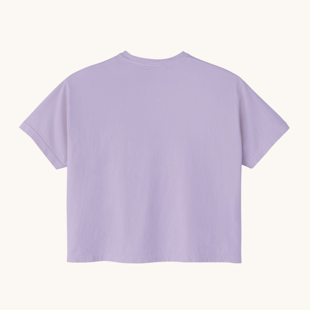 Back view of a PURETE women's oversized boxy t-shirt in light purple, made from soft ring-spun cotton.