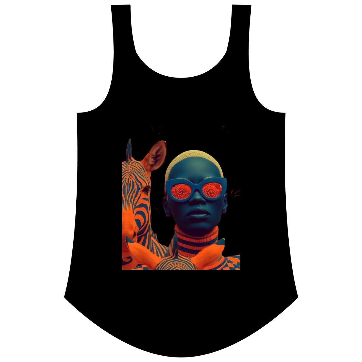 PURETE Women's Festival Tank in black with a graphic print of a person wearing blue glasses next to a zebra.