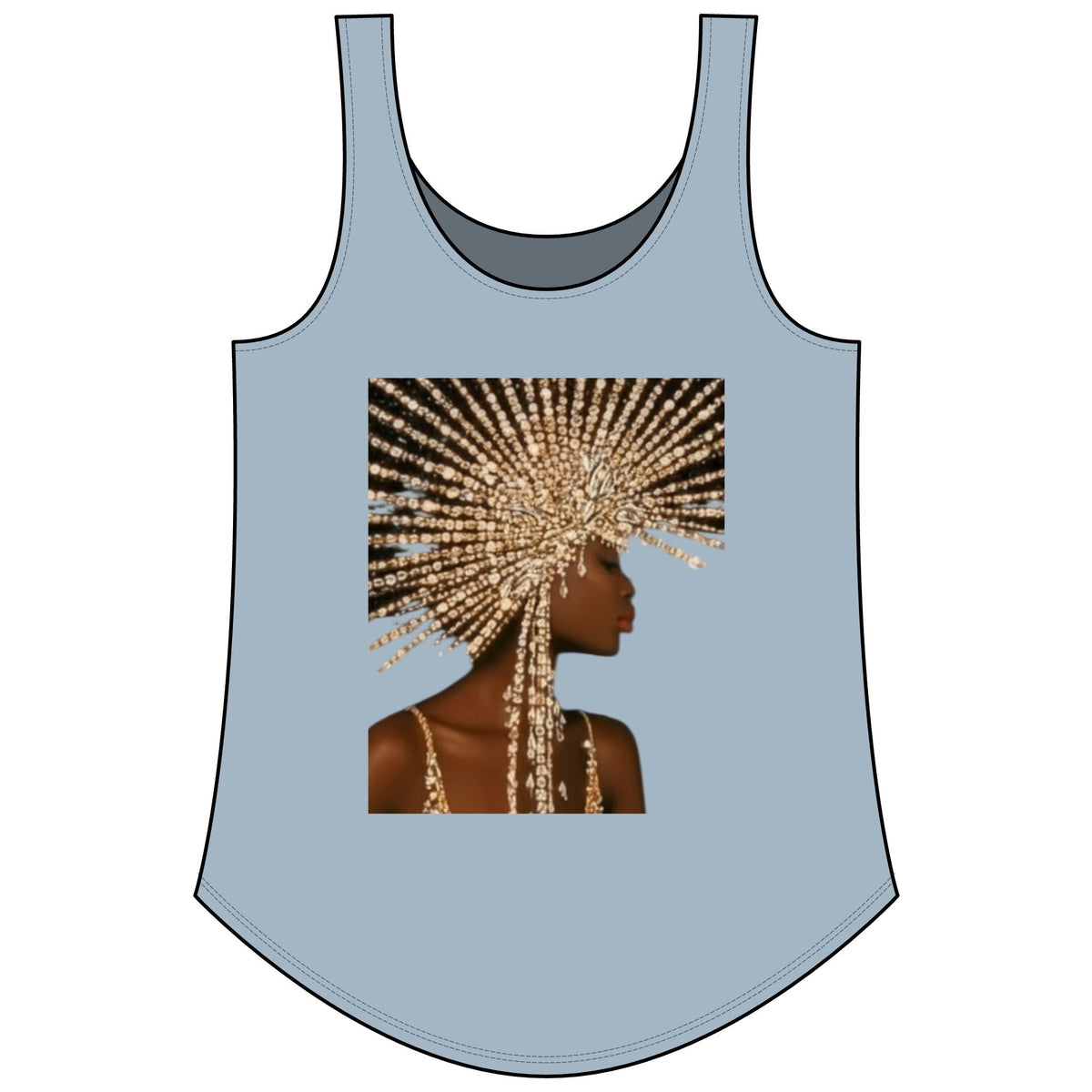 PURETE women's light blue festival tank top with a graphic print of a woman wearing a gold beaded headpiece