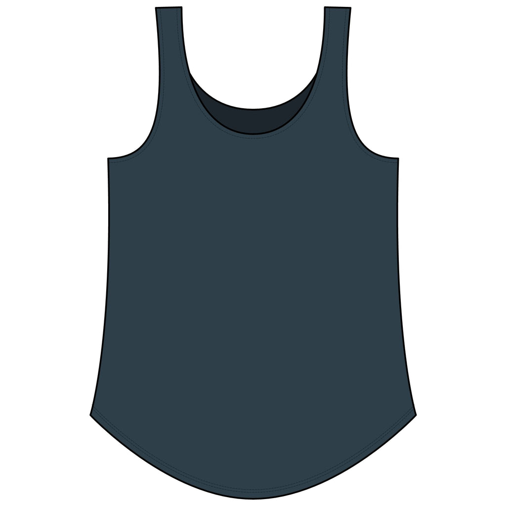 PURETE Women's Festival Tank in dark grey with a scoop neckline and a flattering curved hem.