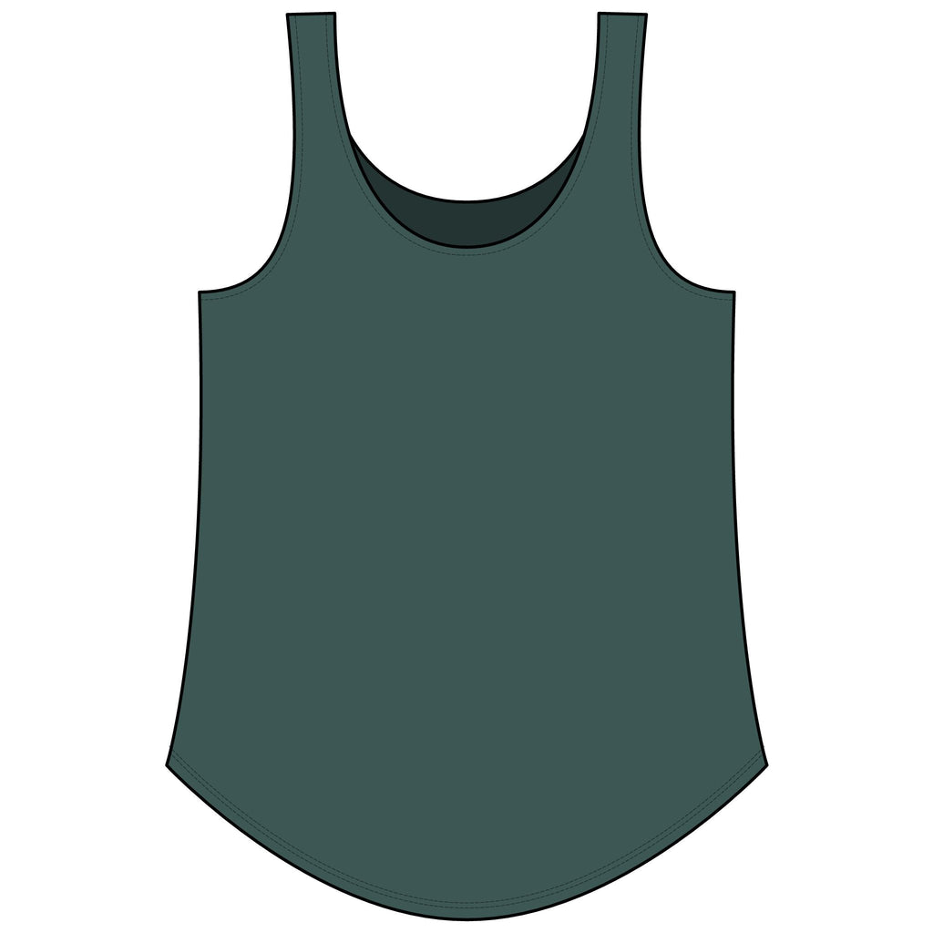 PURETE women's dark green festival tank top with a scoop neckline and a flattering curved hem in a soft cotton blend.
