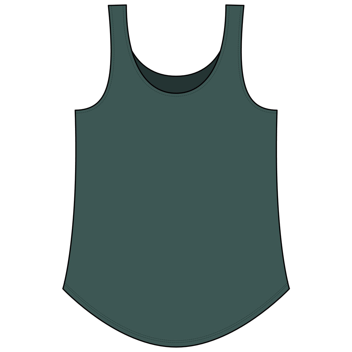 PURETE women's dark green festival tank top with a scoop neckline and a flattering curved hem in a soft cotton blend.