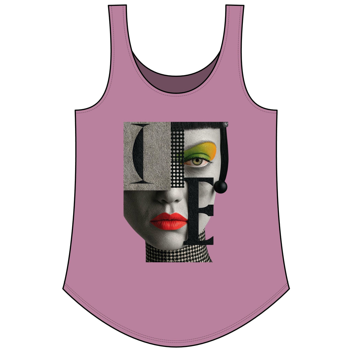PURETE women's mauve festival tank top with a graphic print of a stylized face and bold typography