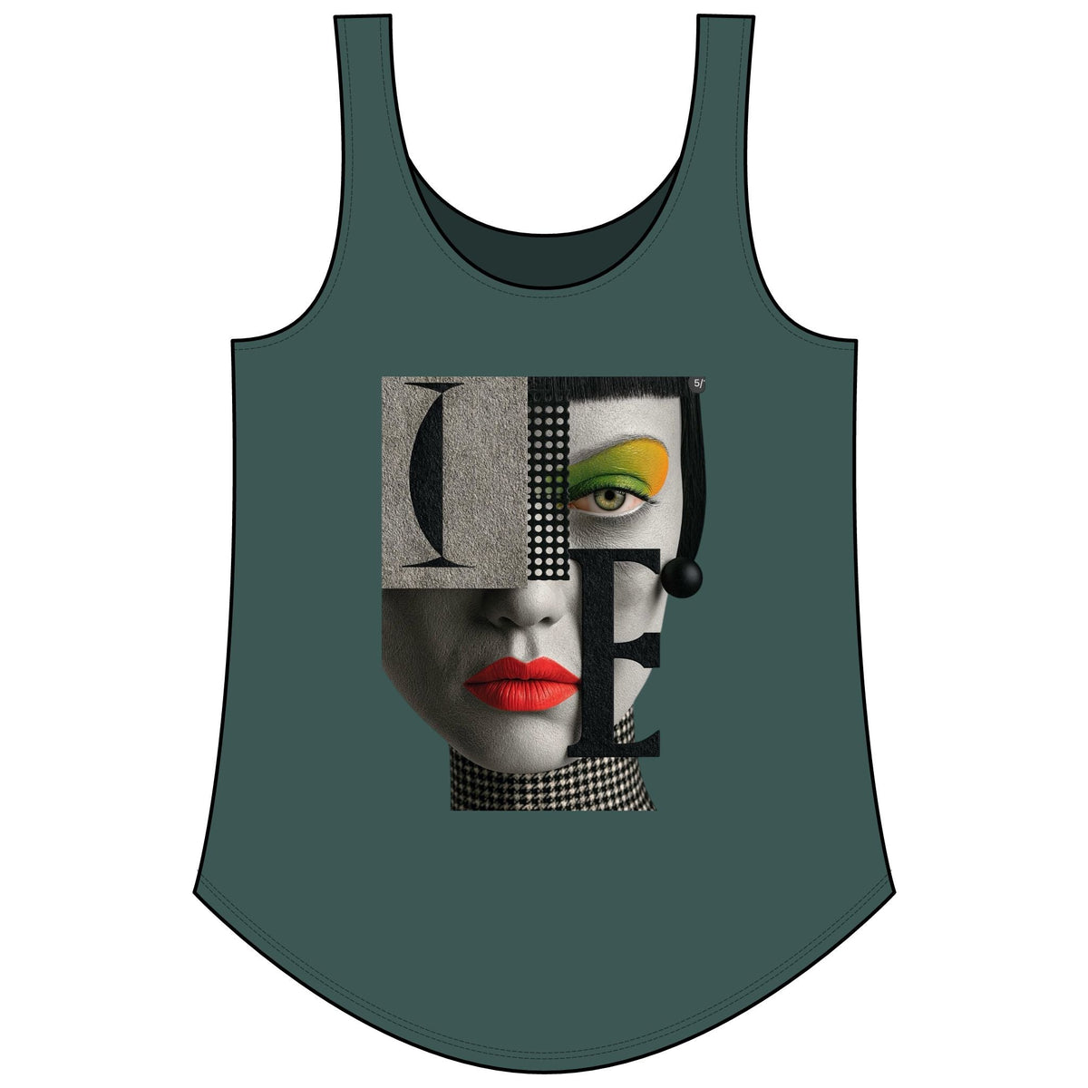 PURETE Women's Festival Tank in dark green with a graphic print of a stylized face featuring bold red lips.