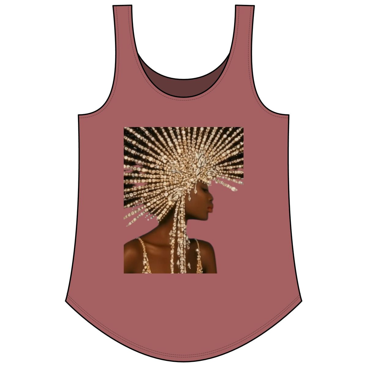 PURETE Women's Festival Tank in dusty rose with a graphic print of a woman wearing a gold beaded headpiece.