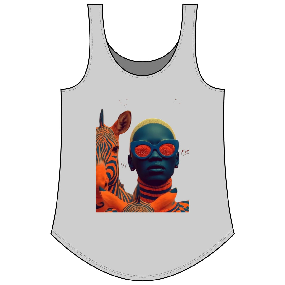 PURETE women's grey scoop neck tank top featuring a graphic print of a person with a zebra and orange sunglasses.