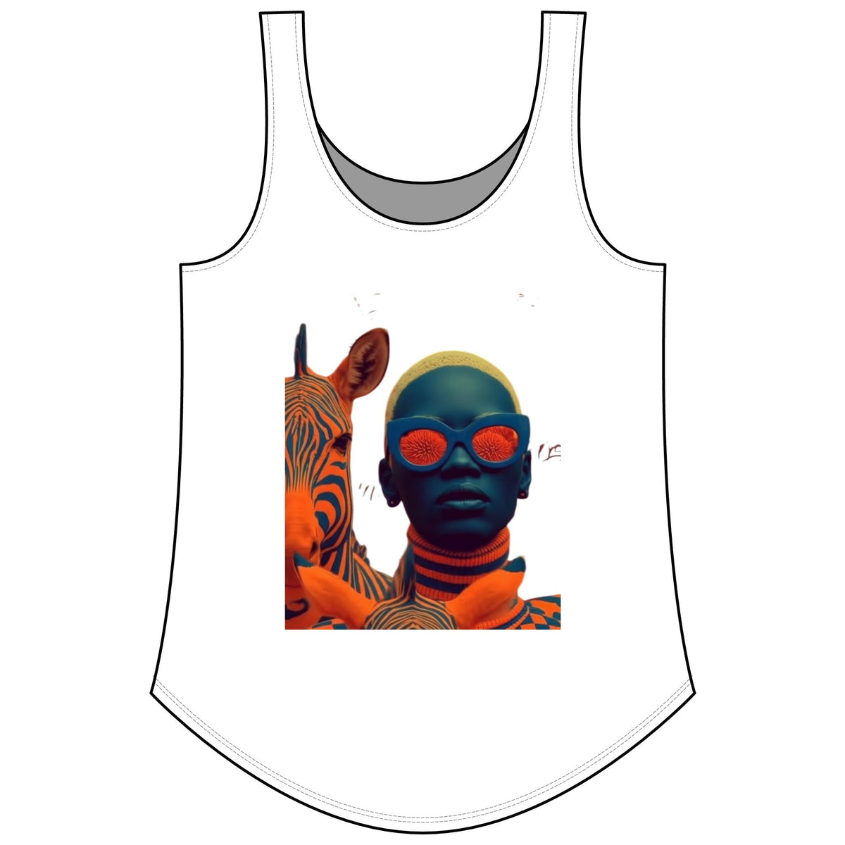 PURETE Women's Festival Tank in white with a graphic print of a person wearing orange sunglasses next to a zebra