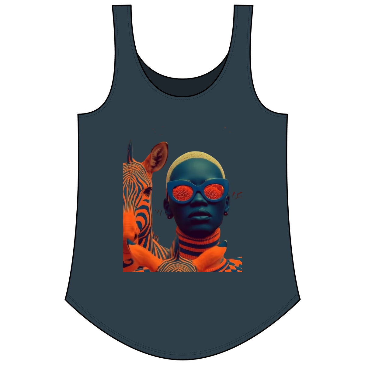 PURETE Women's Festival Tank in dark grey with a graphic print of a person in orange sunglasses next to a zebra.