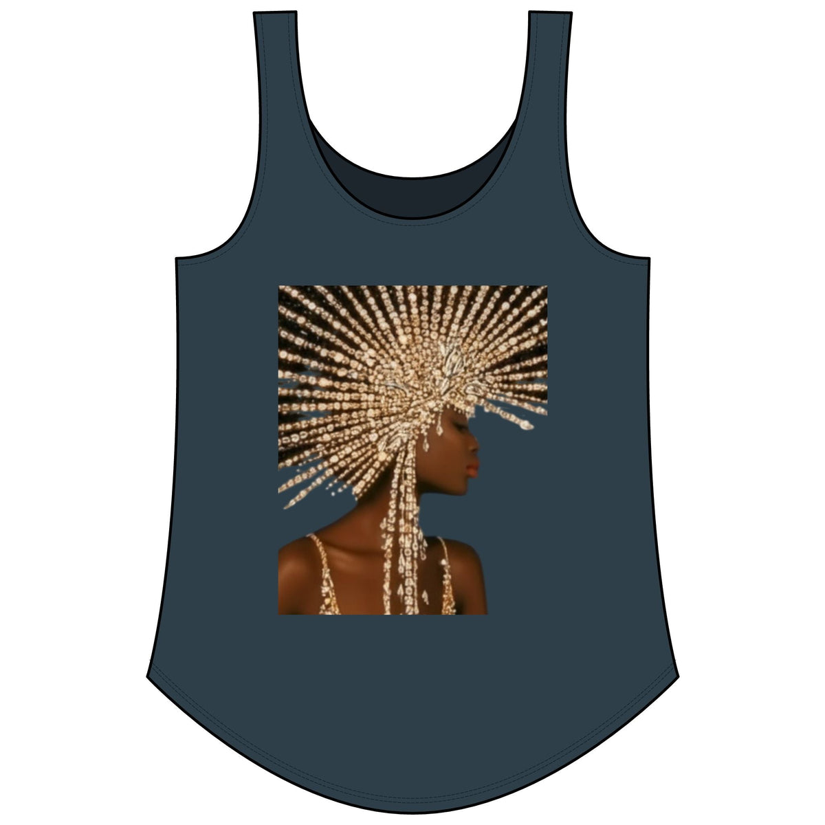PURETE Women's Festival Tank in dark grey with a graphic print of a woman wearing an ornate gold beaded headpiece.