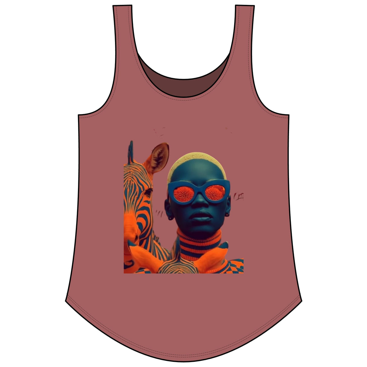 PURETE women's mauve scoop neck tank top featuring a graphic print of a person with zebra and orange accents.