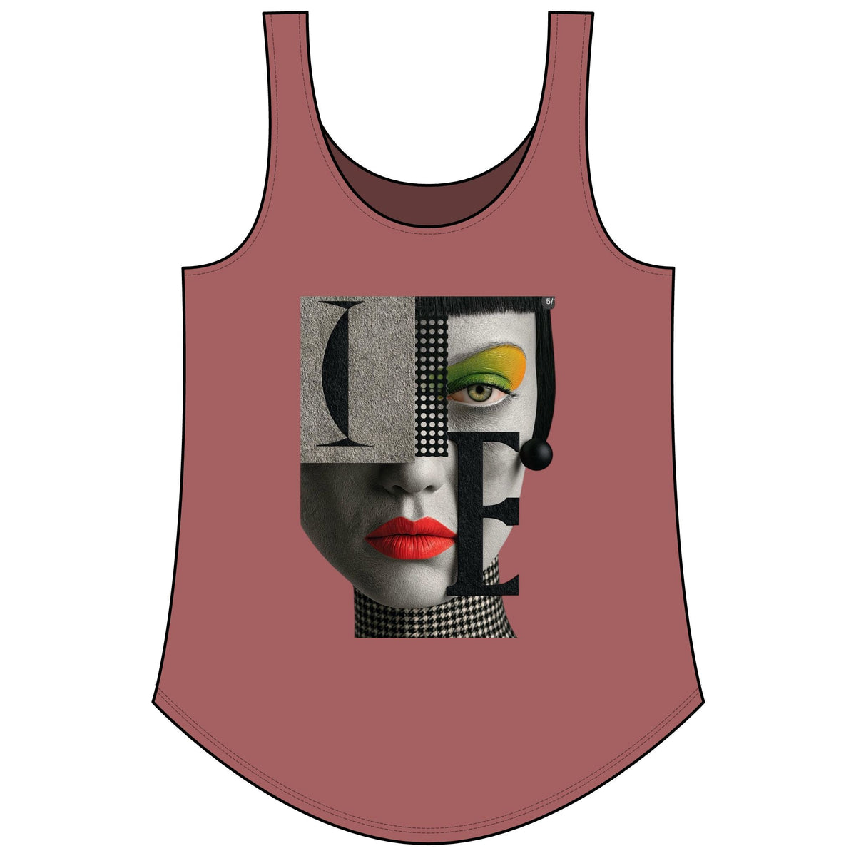 PURETE women's festival tank in dusty rose with a graphic print of a stylized face featuring bold red lips.
