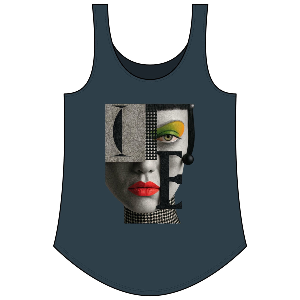 PURETE Women's Festival Tank in dark grey featuring a graphic print of a stylized face with bold red lips and eyes.