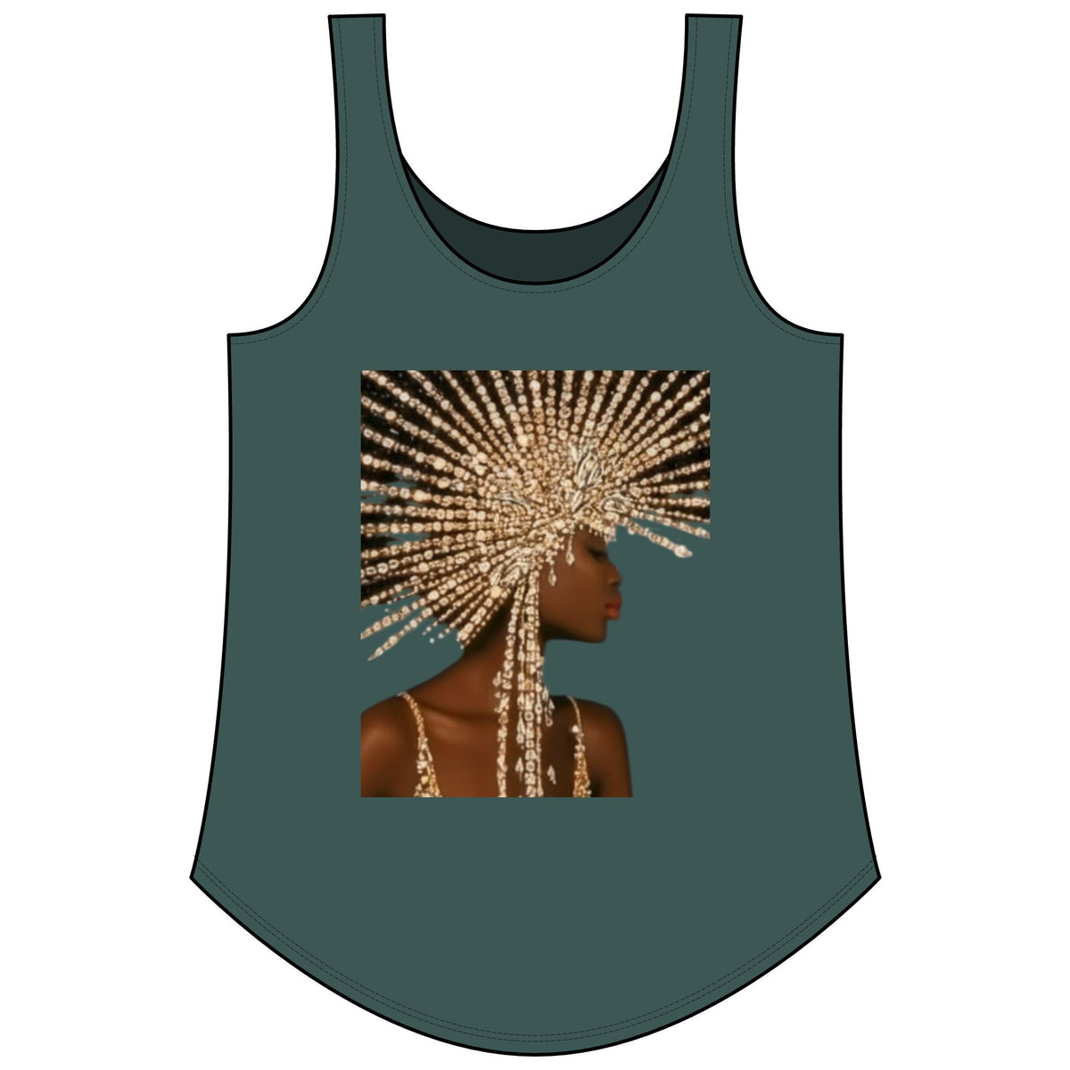PURETE Women's Festival Tank in dark green with a graphic print of a woman wearing a gold beaded headpiece