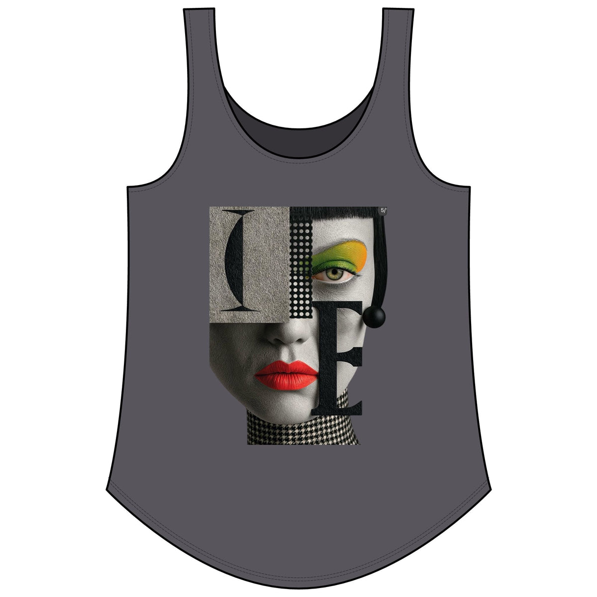 PURETE Women's Festival Tank in grey with a graphic print of a stylized face featuring bold red lips and green eyeshadow