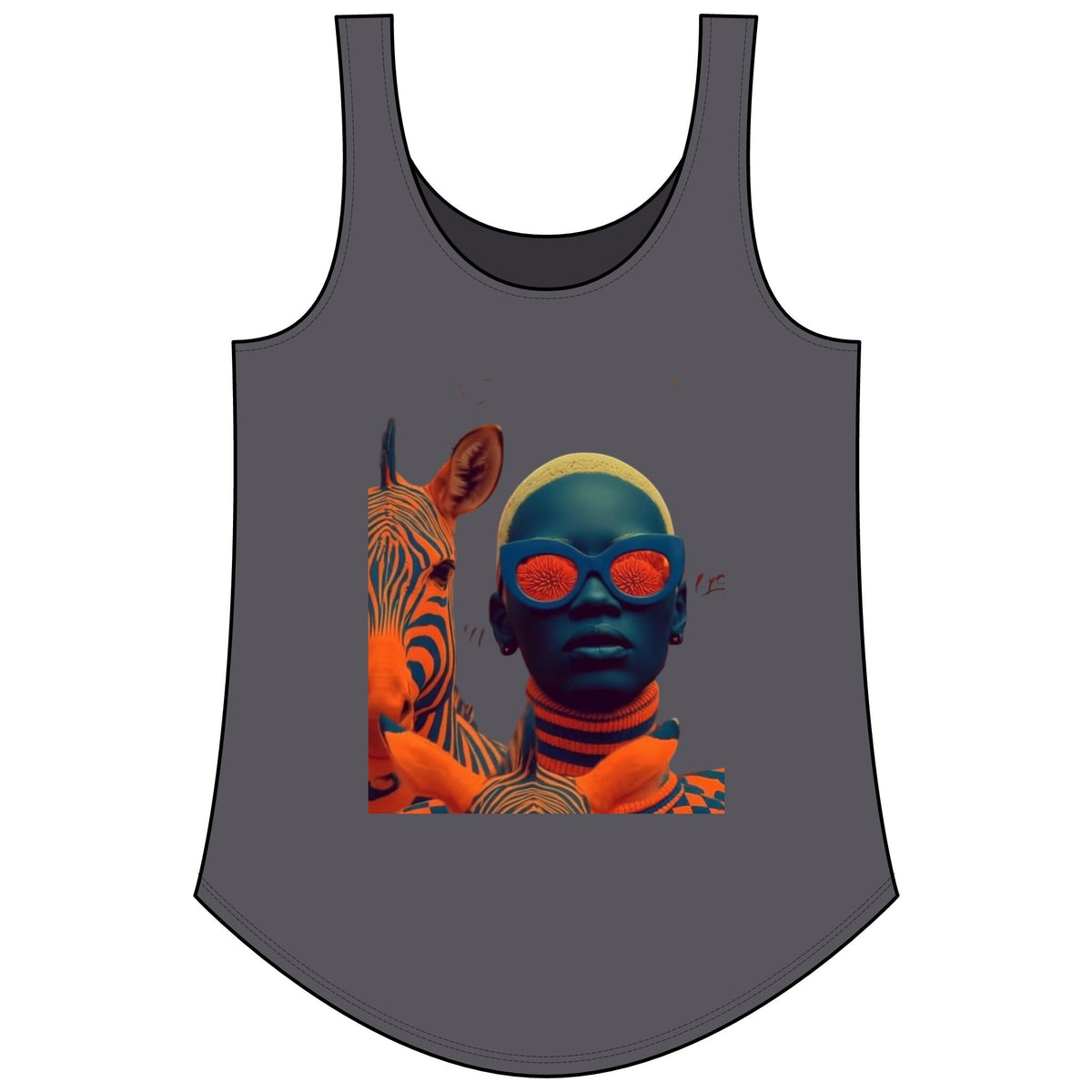 PURETE women's charcoal grey scoop neck tank top featuring a vibrant graphic print of a person with a zebra.