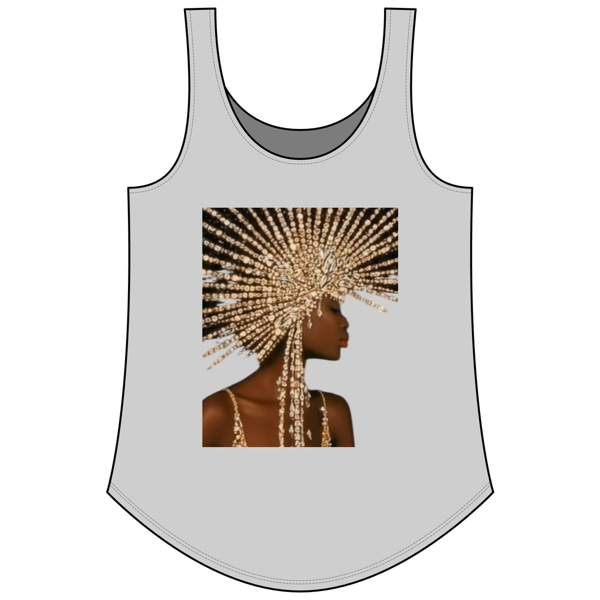 PURETE Women's Festival Tank in light grey with a graphic print of a woman wearing a gold beaded headpiece