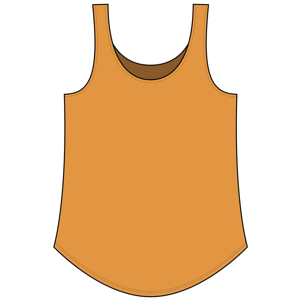 PURETE Women's Festival Tank in mustard yellow with a scoop neckline and curved hem, made from a soft poly-cotton blend