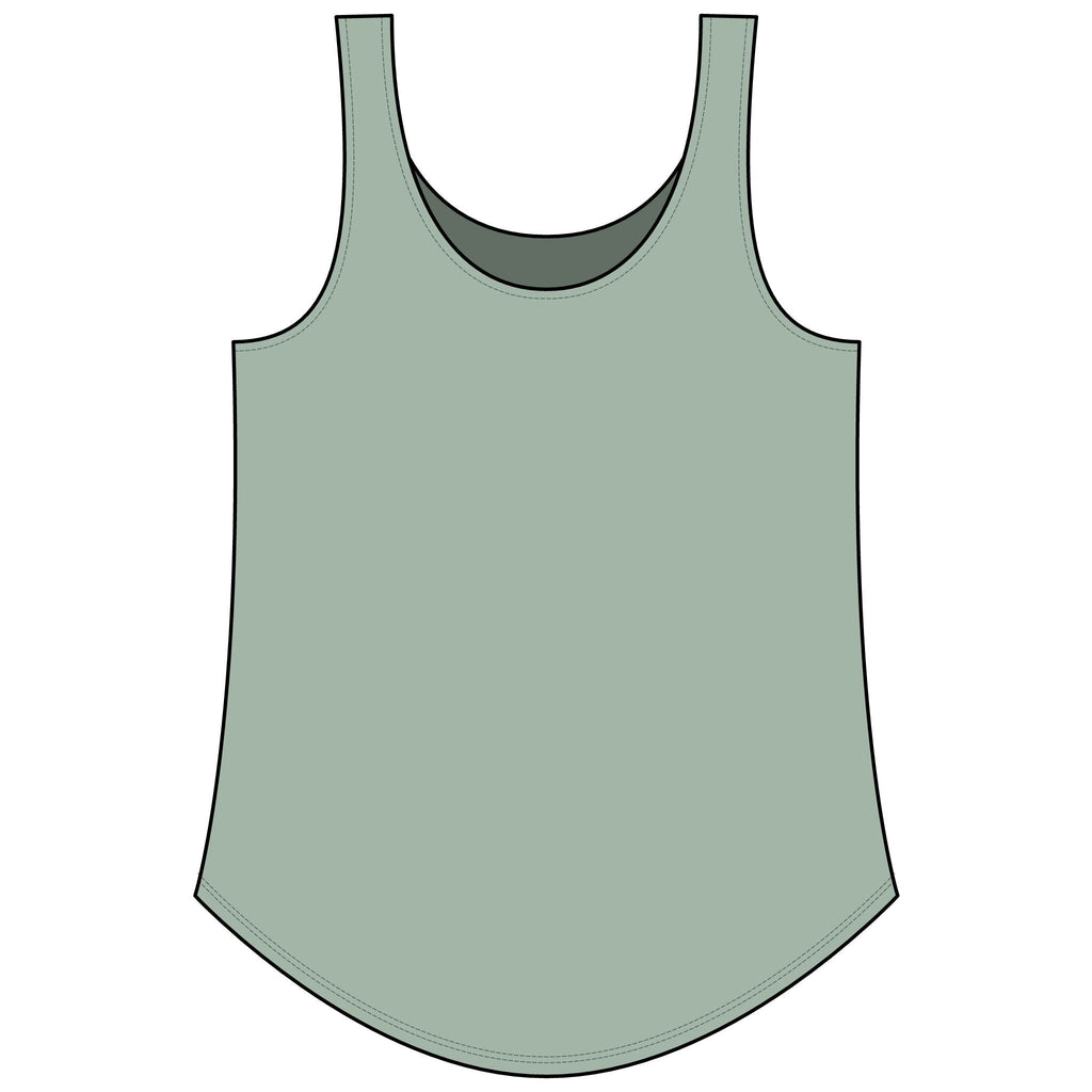 PURETE Women's Festival Tank in sage green with a scoop neckline and a flattering curved hem in a soft cotton blend.