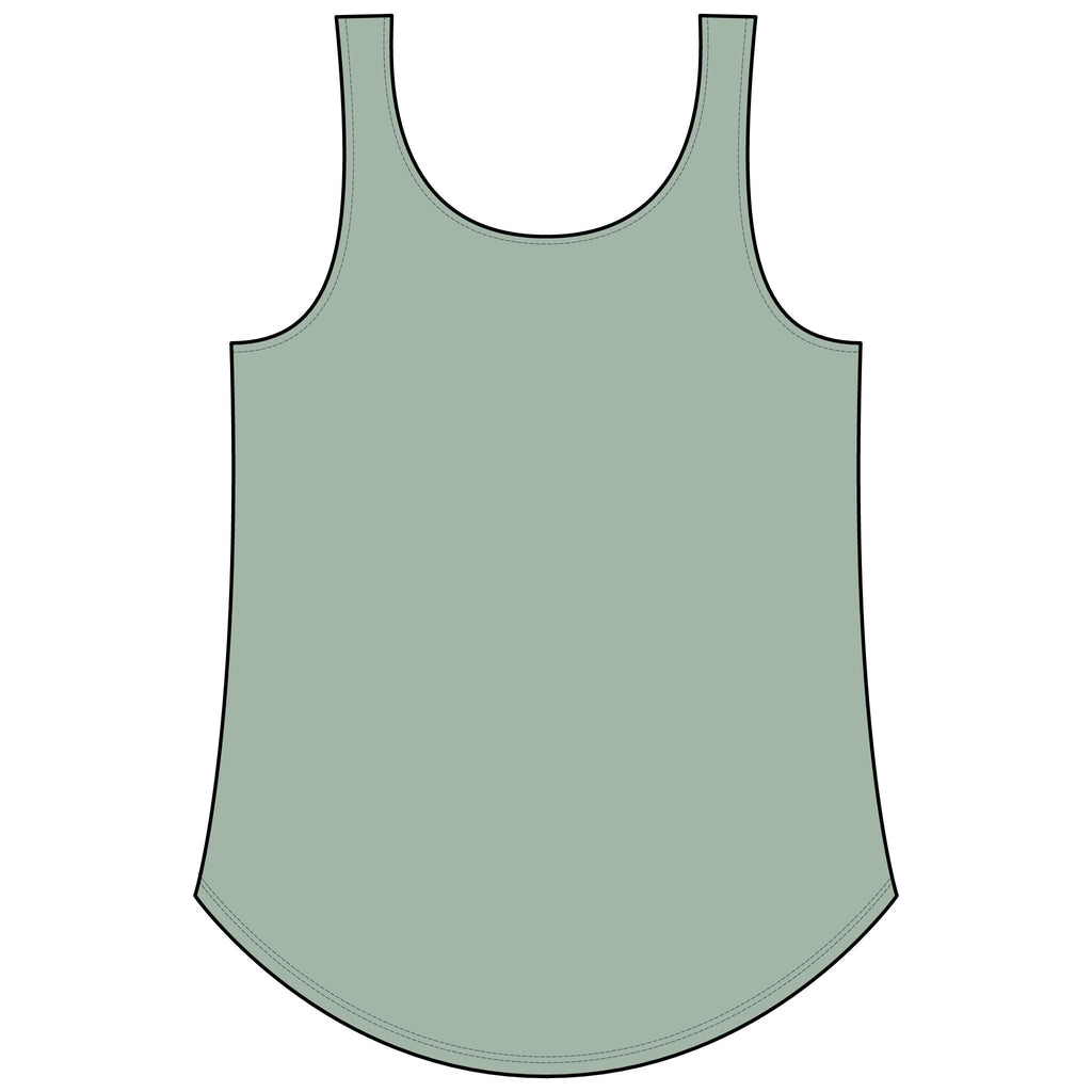 PURETE Women's Festival Tank in sage green with a scoop neckline and curved hem, made from a soft poly-cotton blend.