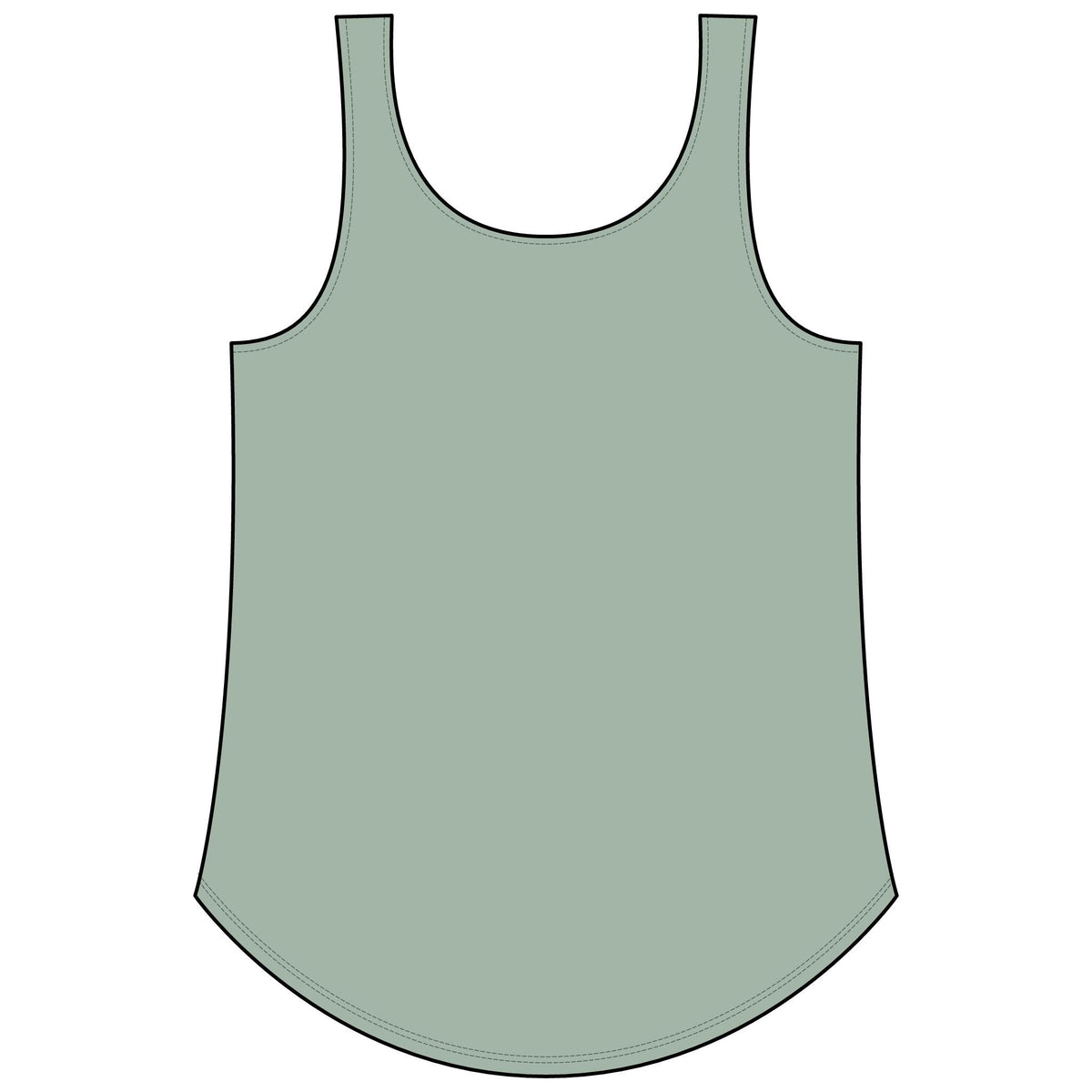 PURETE Women's Festival Tank in sage green with a scoop neckline and curved hem, made from a soft poly-cotton blend.