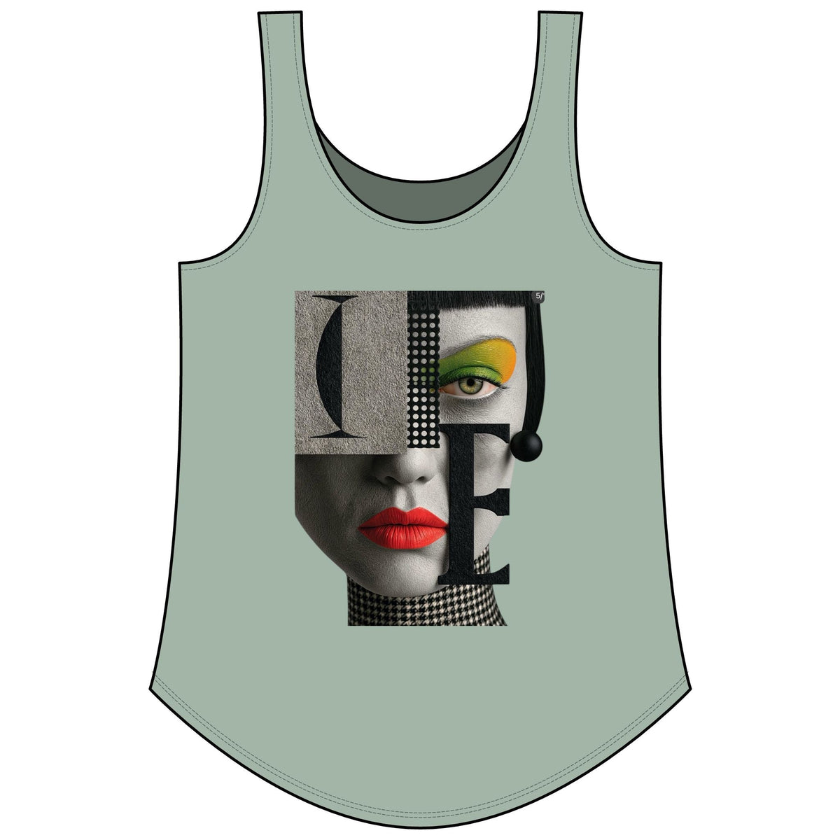 PURETE Women's Festival Tank in sage green with a graphic print of a stylized face featuring bold red lips.