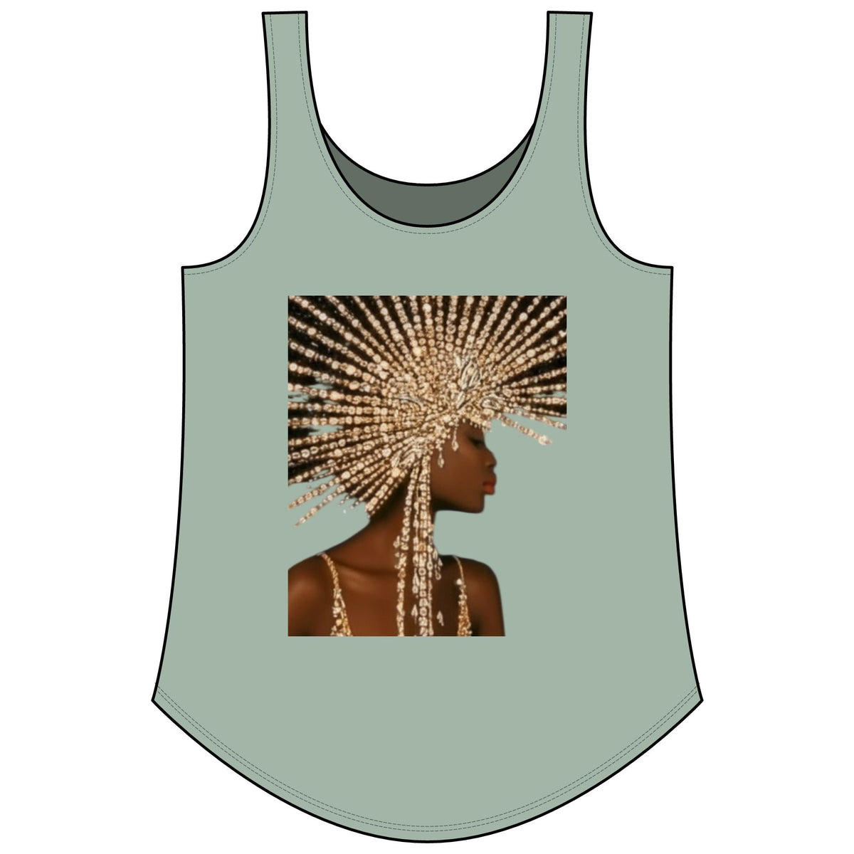 PURETE Women's Festival Tank in sage green featuring a graphic print of a woman wearing a gold beaded headpiece.