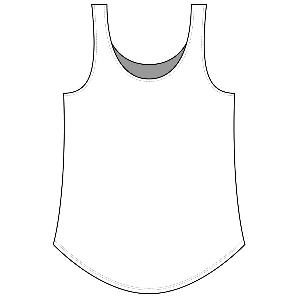 PURETE women's white festival tank top with a scoop neckline and curved hem, made from a soft polyester cotton blend.