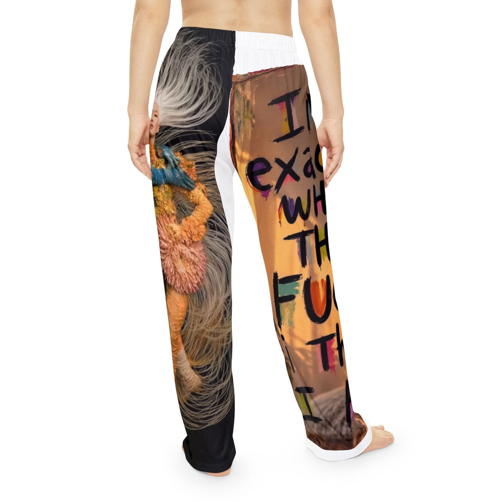 PURETE women's pajama pants featuring a split-leg design with artistic graphic prints and an elastic waistband.
