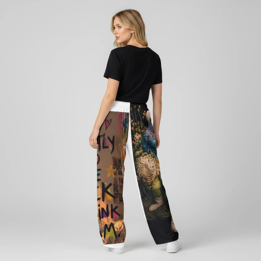 PURETE women's pajama pants featuring a vibrant all-over artistic print in brushed polyester for cozy lounging.