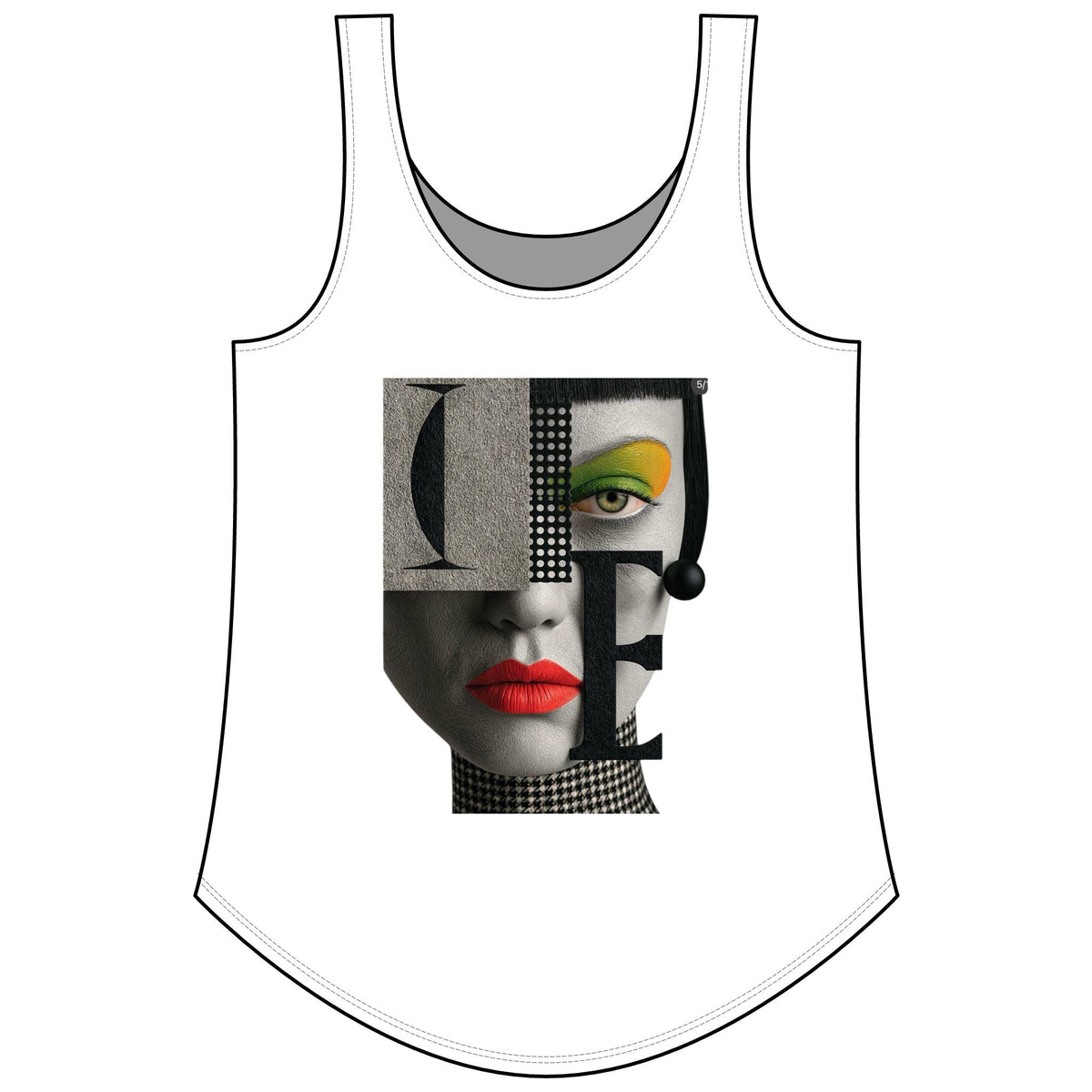 PURETE women's white scoop neck tank top featuring a graphic art print of a stylized face with bold red lips.