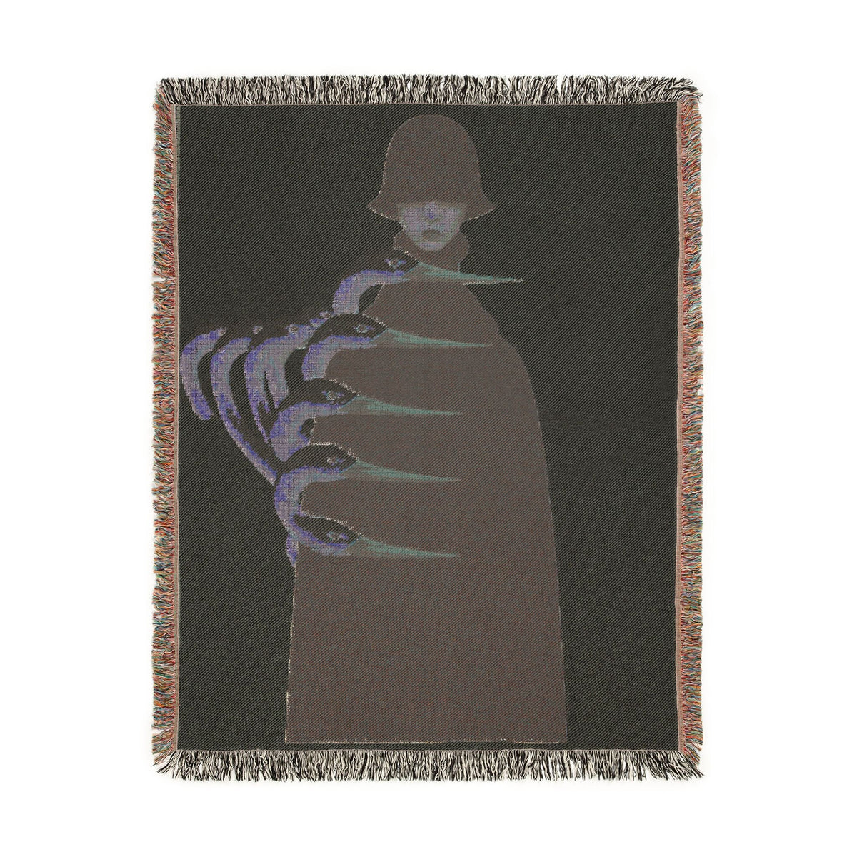 PURETE woven cotton throw blanket featuring a dark artistic illustration of a figure with elongated claw-like hands.