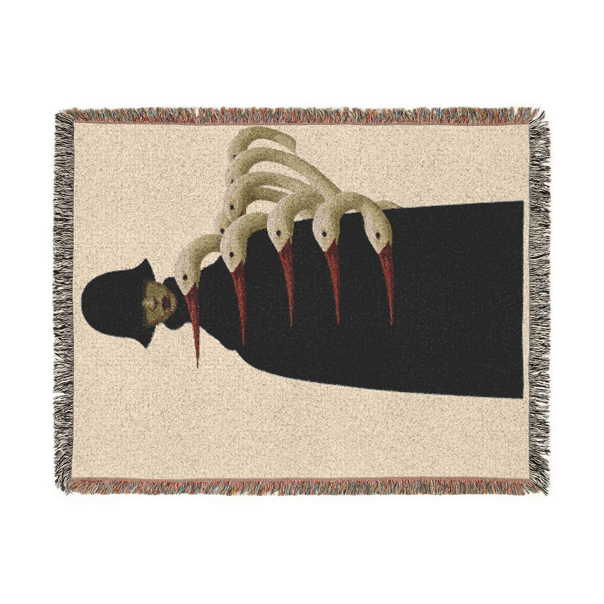 PURETE woven cotton throw blanket featuring a surreal illustration of a figure with swan necks and colorful fringe.