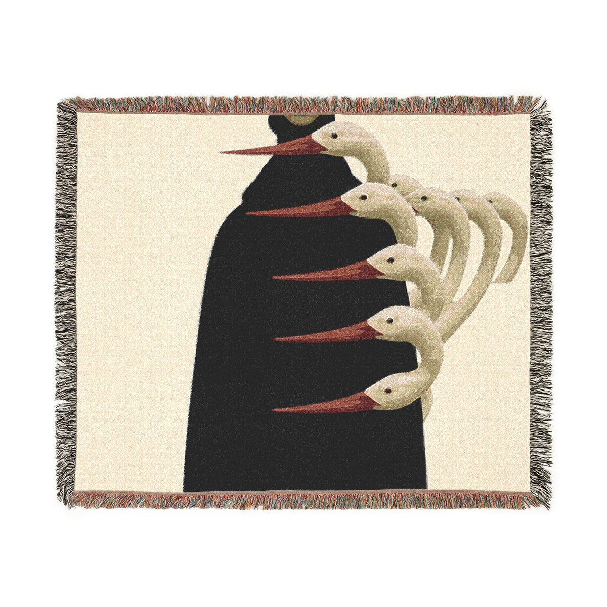 PURETE woven cotton throw blanket featuring a surreal graphic of white bird heads against a black silhouette